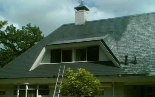 Dakrenovatie met vervanging van grijze dakpannen op woonhuis met ladder tegen gevel geplaatst